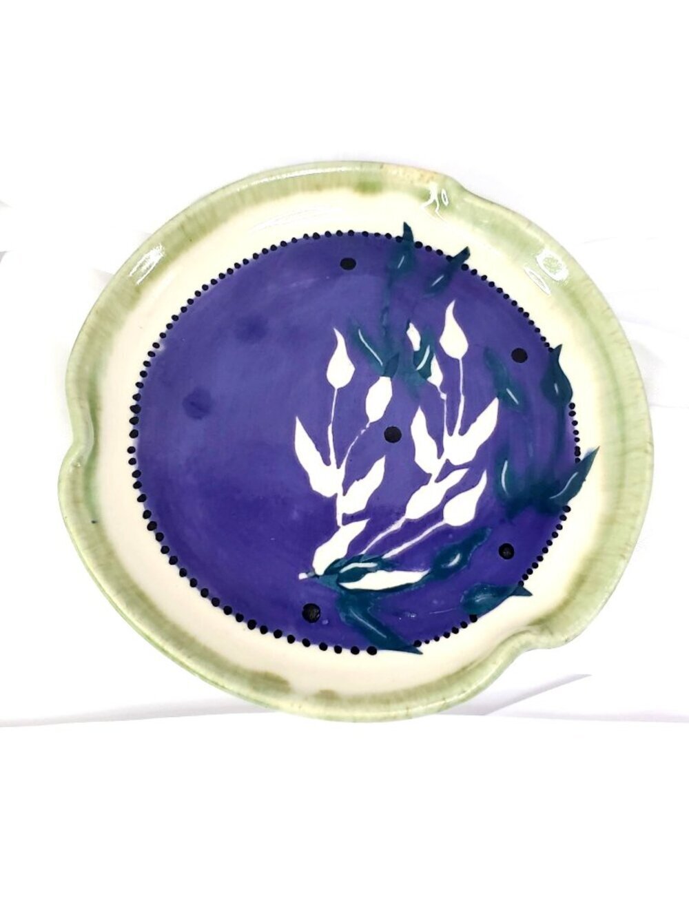 Studio Art Pottery Plate With Green Rim & Purple Floral Design 5.5" Signed